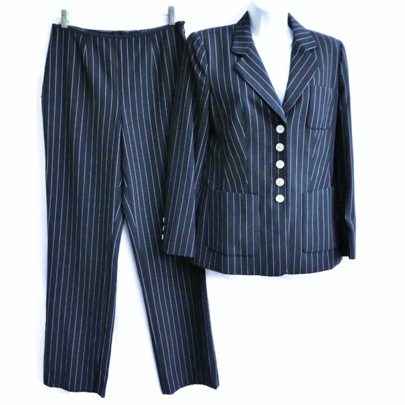 WooL Escada Pinstripe Pantsuit Blazer Pants Navy White...